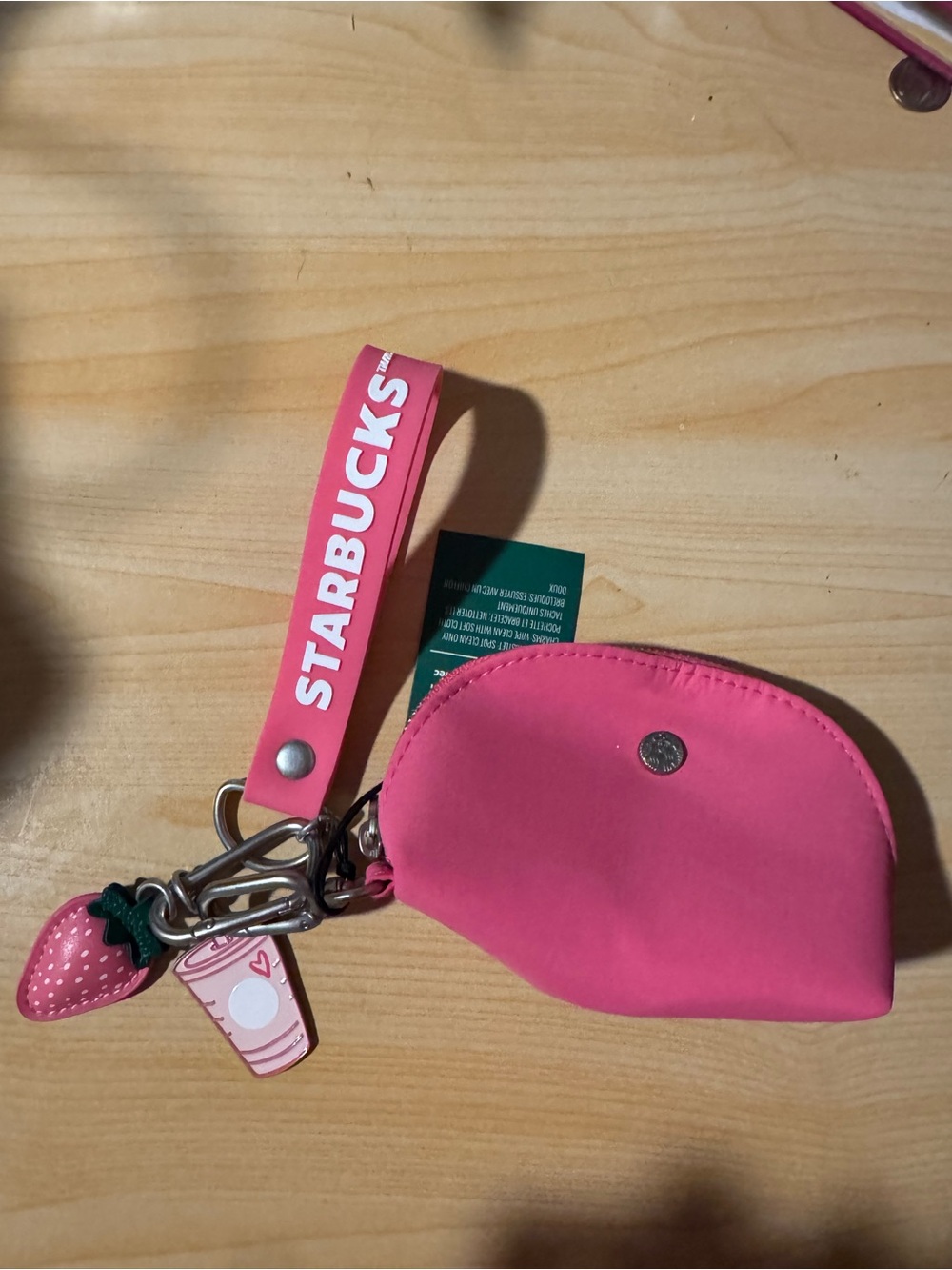 Starbucks Hot Pink Keyring Pouch with Strawberry & Cup Charms
